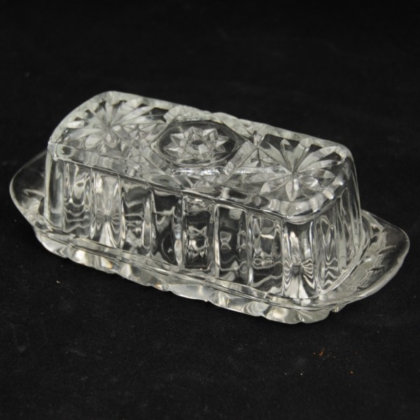 Clear glass depression glass butter dish. South Perth Antiques